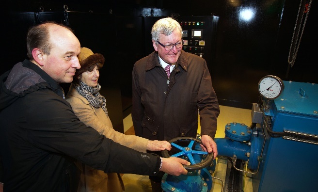 Andrew Bruce-Wootton, General Manager, Atholl Estates; Fergus Ewing MSP and Sarah Troughton in Blair Castle's power house.