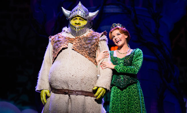 Dean Chisnall (Shrek) and Faye Brookes (Princess Fiona). Image by Helen Maybanks
