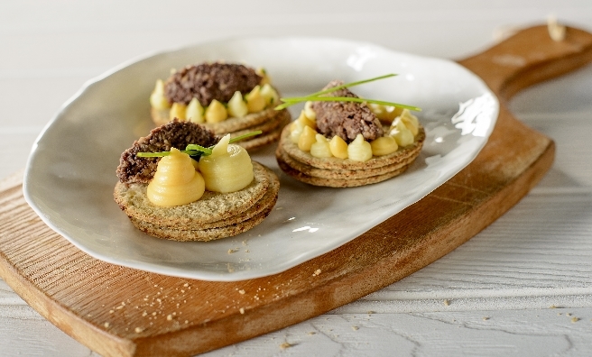 Haggis, neeps and tatties on oatcakes