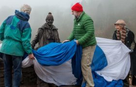 The statue is unveiled by Jimmie MacGregor, Cameron McNeish and Rhona Weir. Photo by Paul Saunders Photography