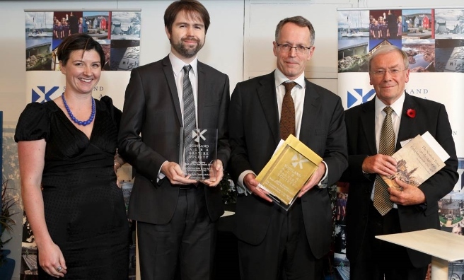 The presentation of the 2014 Book of the Year awards: (left to right) Jenny Niven, Creative Scotland, Richard McKean, son of the late Professor Charles McKean, Professor Bob Harris and Ian Campbell, Convenor of the 2014 Literary Awards panel