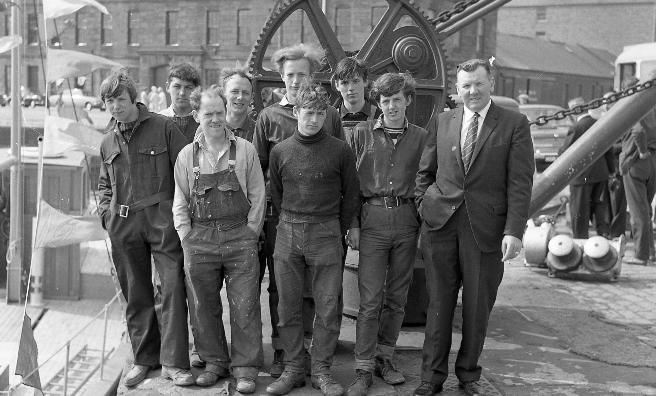 Employees of Angus shipbuilders Arbuthnot & Son at Montrose Harbour in 1967. Photo courtesy of Angus Archives.