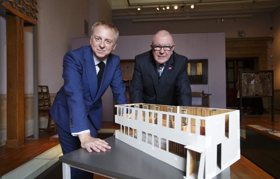 Philip Long, Director (V&A Dundee) and Councillor Archie Graham (Chair of Glasgow Life) view the scale model