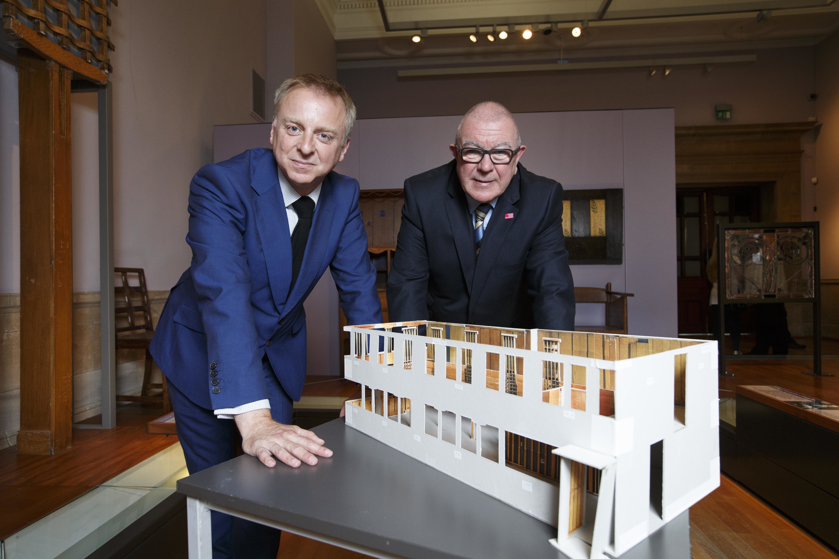 Philip Long, Director (V&A Dundee) and Councillor Archie Graham (Chair of Glasgow Life) view the scale model