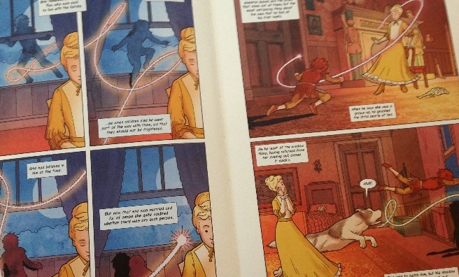 A couple of beautifully illustrated pages from J M Barrie's Peter Pan: A Graphic Novel by Stevie White and Fin Cramb