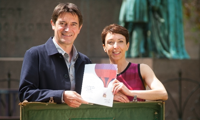 Book Festival Directors Nick Barley and Janet Smyth with the 2015 brochure. Photo courtesy of Edinburgh International Book Festival