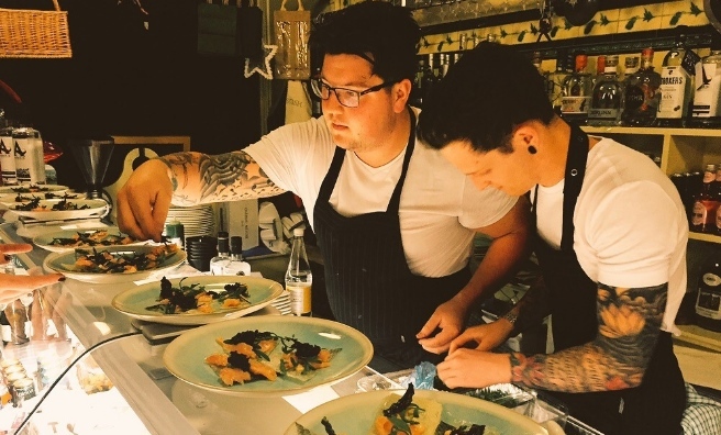 Jamie preps the salmon for one of his many delicious snacks!