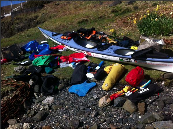 The contents of Nick's kayak! Sleeping bag, spare clothes, food...