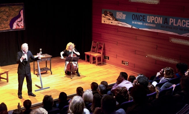 David Campbell and Wendy Weatherby share tales of Dylan Thomas in the Netherbow Theatre at a previous Scottish International Storytelling Festival. Photo by Solen Collet