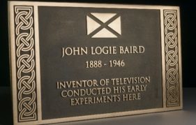 Commemorative plaque to John Logie Baird, inventor of television.
