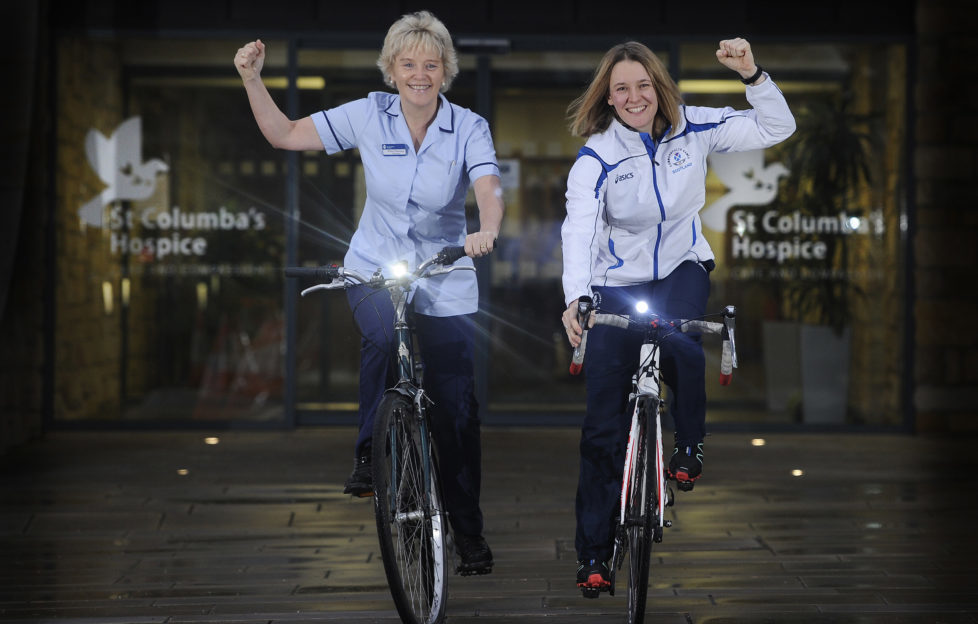 Jenny Davis, Team Scotland medal-winning cyclist, and hospice nurse Rona Thornton at the launch of The Celtic Challenge 2016. Neil Hanna Photography, copyright St Columba's Hospice