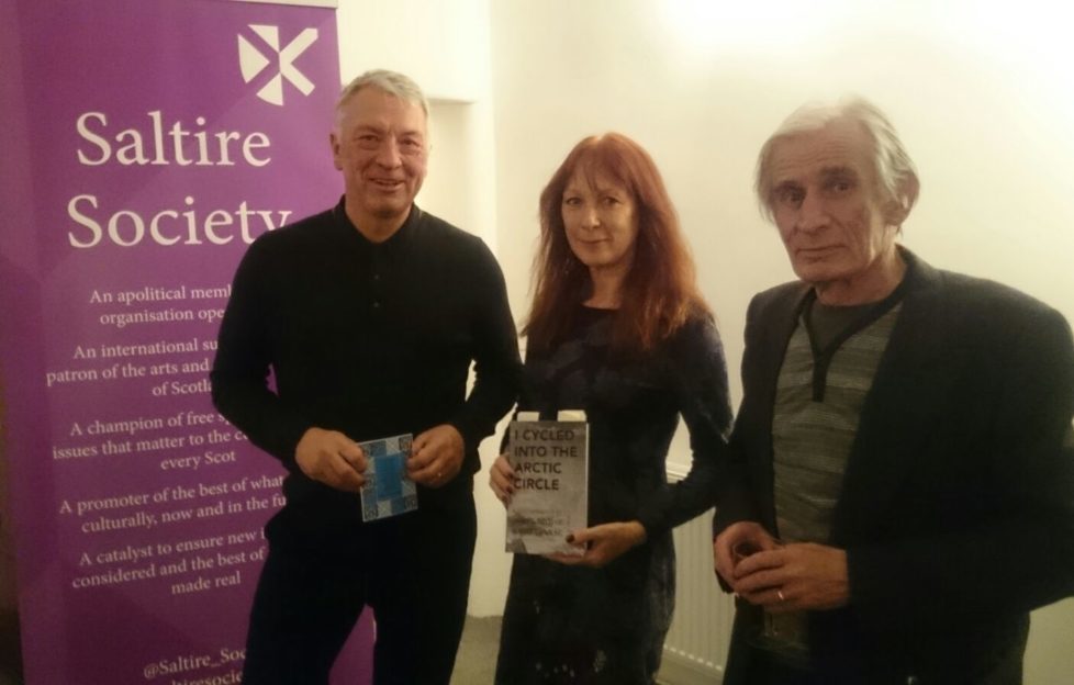 Saltire Society Executive Director Jim Tough, Anna Tessier-Lavigne and poet John Mackie at the launch of I Cycled The Arctic Circle