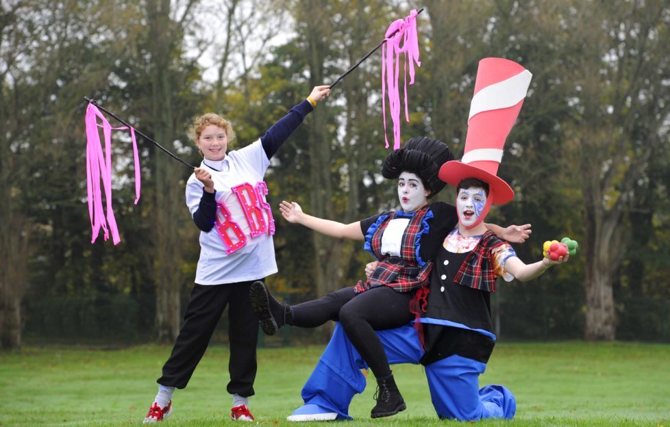Performers from Celtic Circus celebrate the festival's launch with local primary schools.