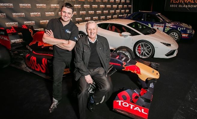 Paul Swift and the legendary Jimmy McRae with the Red Bull Racing RB6, a Lambhorghini Huracan and Colin McRae's Subaru at the launch of Ignition