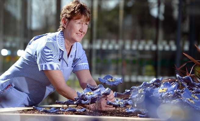 Auxiliary nurse Maureen McCaskey 'plants' a forget-me-not. Photo by Neil Hanna