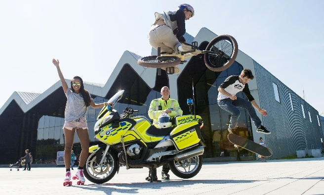 Maggie Smith, David Barr, Tom Shimmin and BMX-er Kriss Kyle at the launch of the Festival of Wheels.