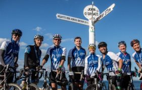 The end! A few of the cyclists celebrate completing the 2015 Deloitte Ride Across Britain