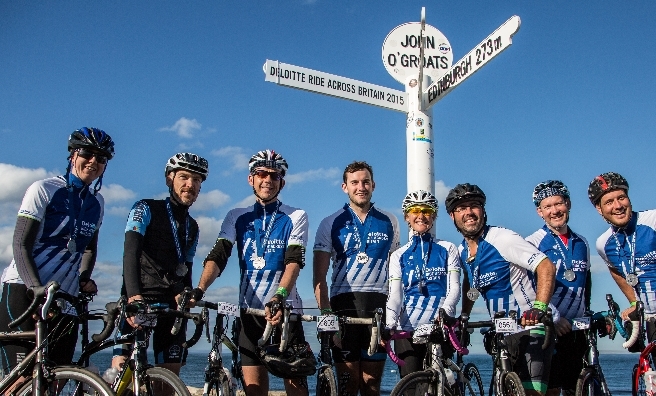 The end! A few of the cyclists celebrate completing the 2015 Deloitte Ride Across Britain