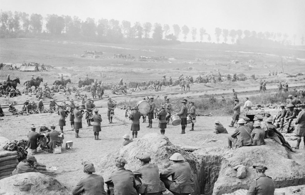 Battle of Bazentin Ridge. Regimental pipe band of the 8th Battalion, Black Watch playing in Carnoy Valley after the 26th Brigade, 9th Division came back from the capture of Longueval on 14 July 1916. © IWM