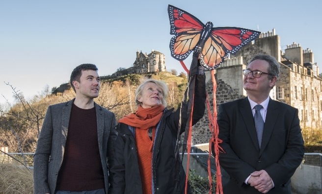 Perhaps not actual life size! Anthony McCluskey of Butterfly Conservation Scotland, Leonie Alexander of RGBE and Hamish Torrie of Glenmrangie.