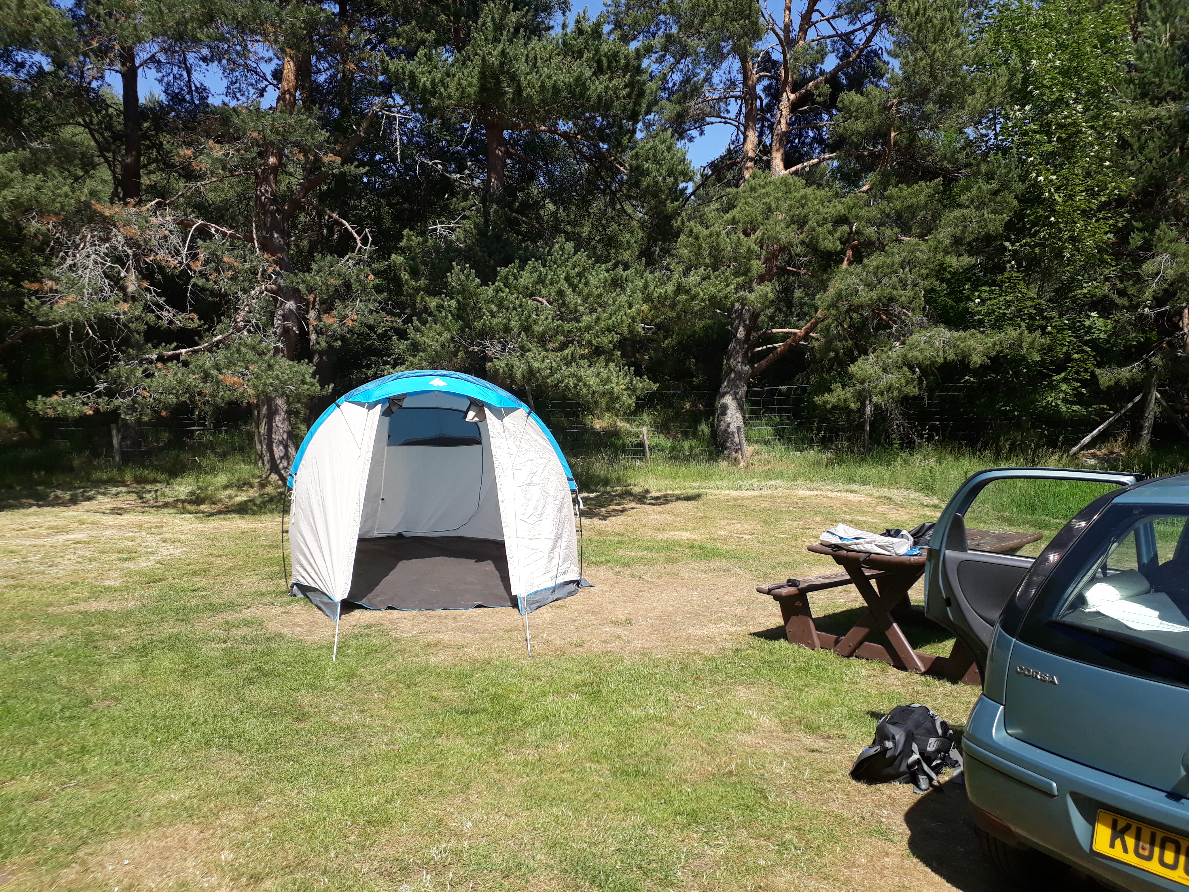 The family tent on campsite Loch Morlich, fully opened for ventilation.
