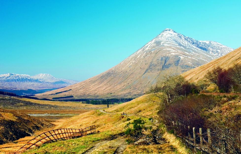 West Highland Way trail path north to Beinn Dorain mountain, Grampians. Winter. Between Tyndrum and Bridge of Orchy, Scotland