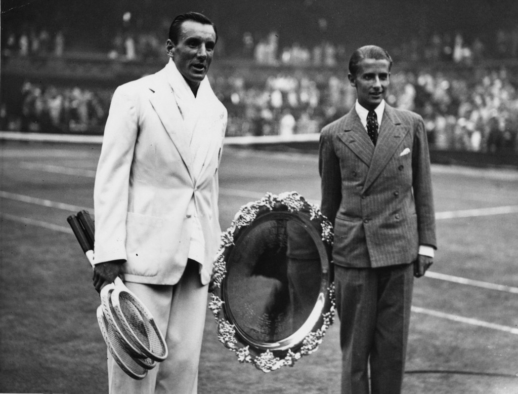 Fred Perry and Bunny Austin with the Davis Cup shield at Wimbledon. (Francis M. R. Hudson/Topical Press Agency/Getty Images)