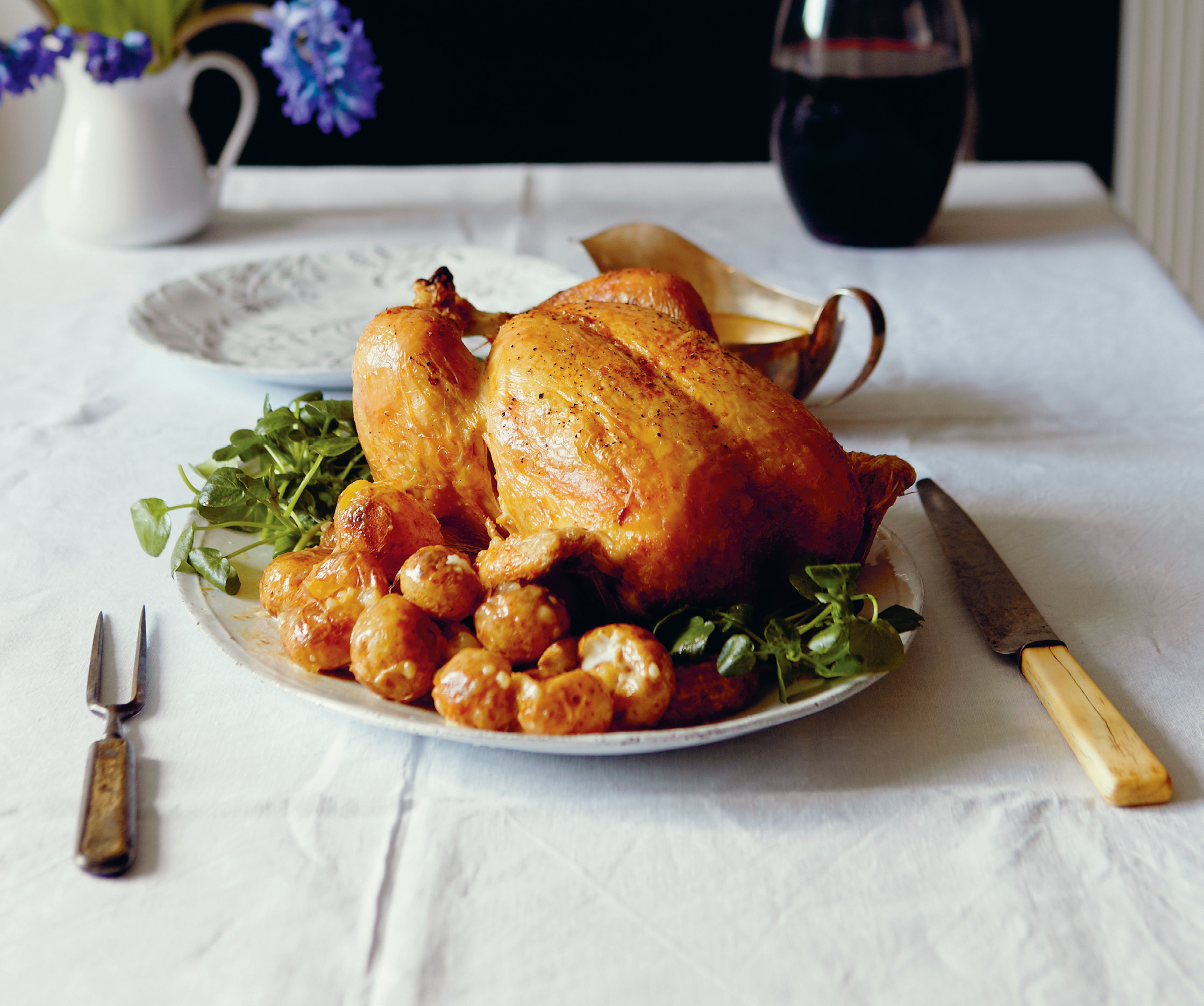 Roast Chicken with Crème Fraîche, New Potatoes and Watercress