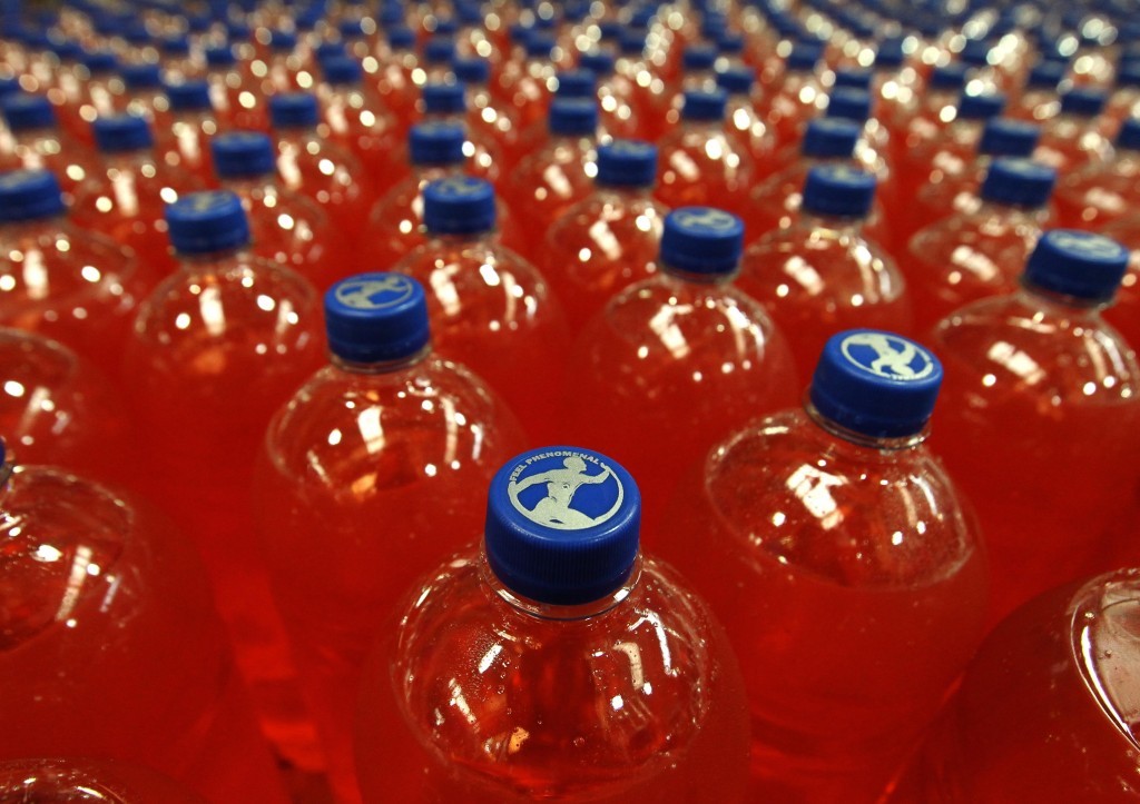 Bottles of Irn Bru in the production hall at AG Barr's Irn Bru factory in Cumbernauld