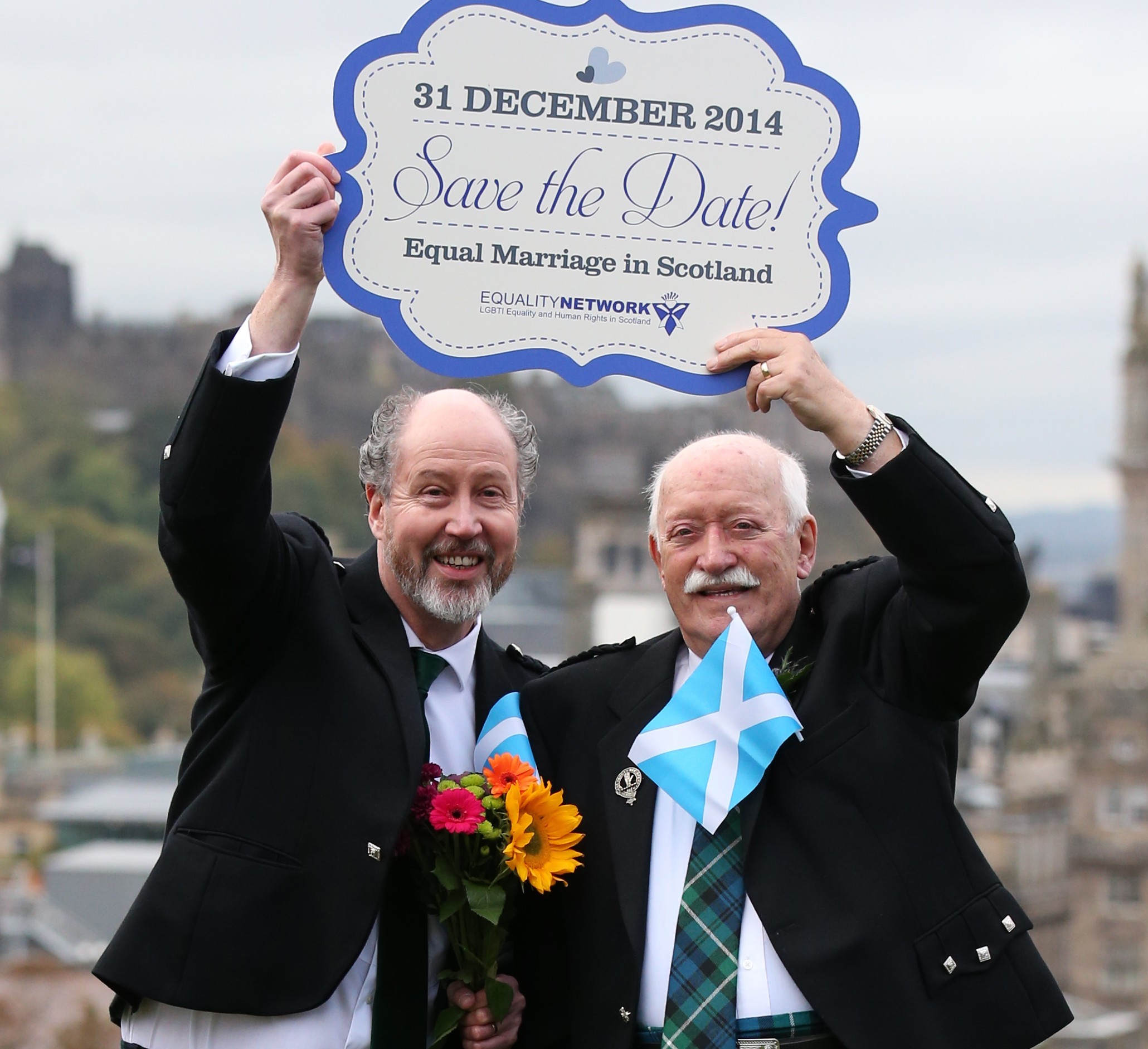 Jerry Slater (left), 58, with his partner Larry Lamont, 81, from Kirkcudbright, after the legislation was passed (PA Wire)