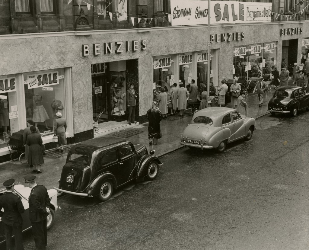 A scene outside Benzie's Stores Inverness during the annual summer sales.