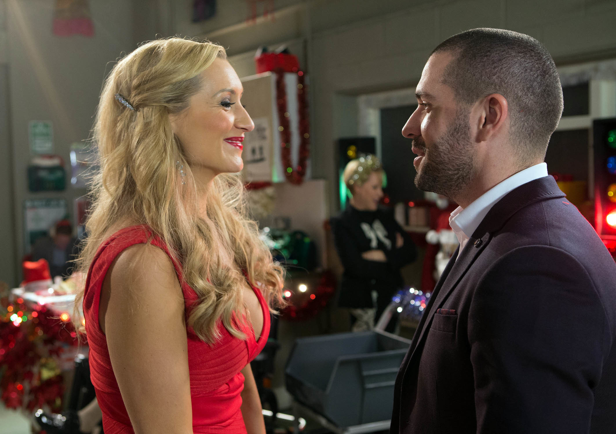 Eva Price (Catherine Tyldesley) flirts with Aidan Connor (Shayne Ward). (ITV / Danielle Baguley)