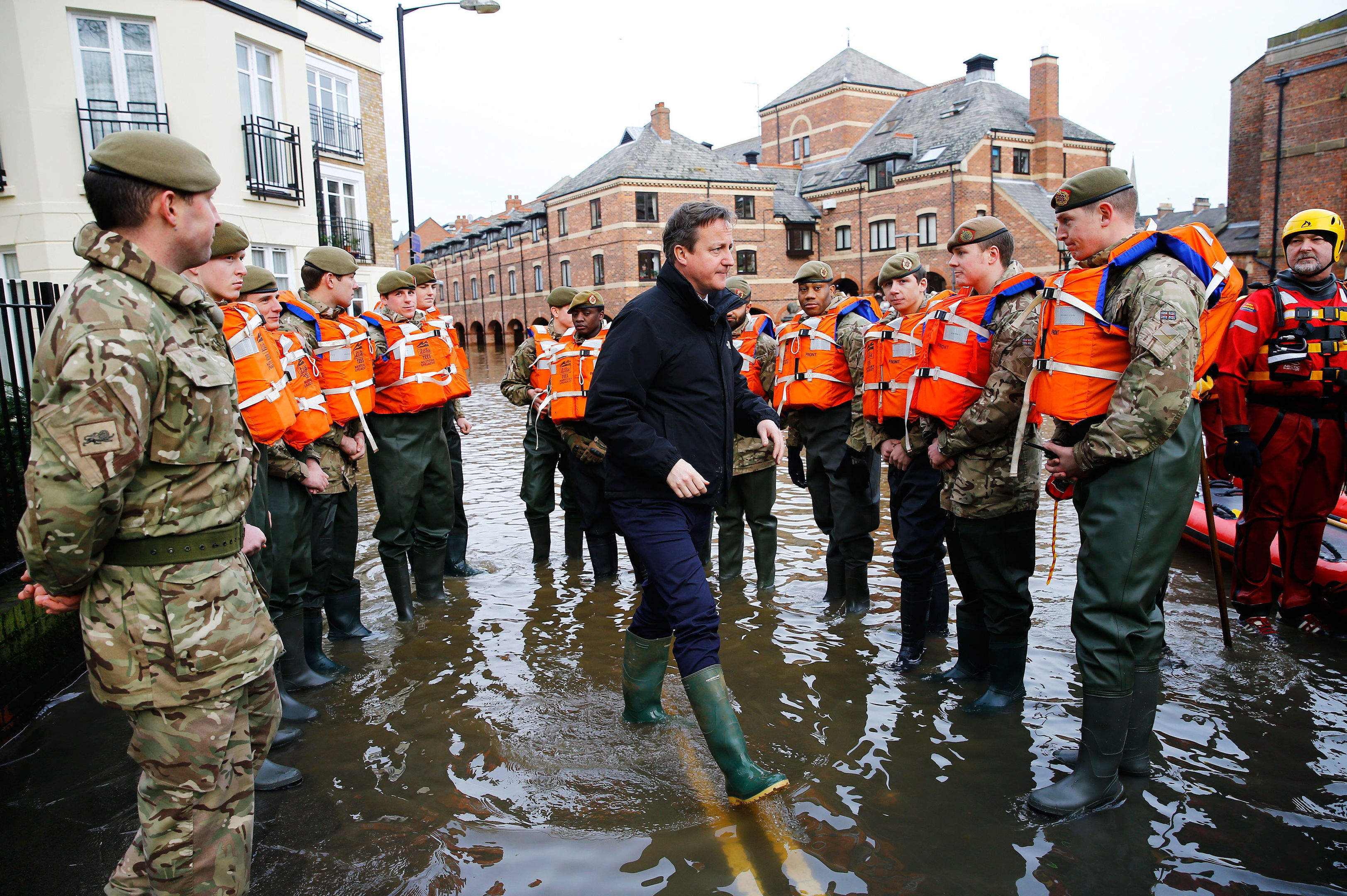 David Cameron meets soldiers working on flood relief in York (Darren Staples/PA Wire)