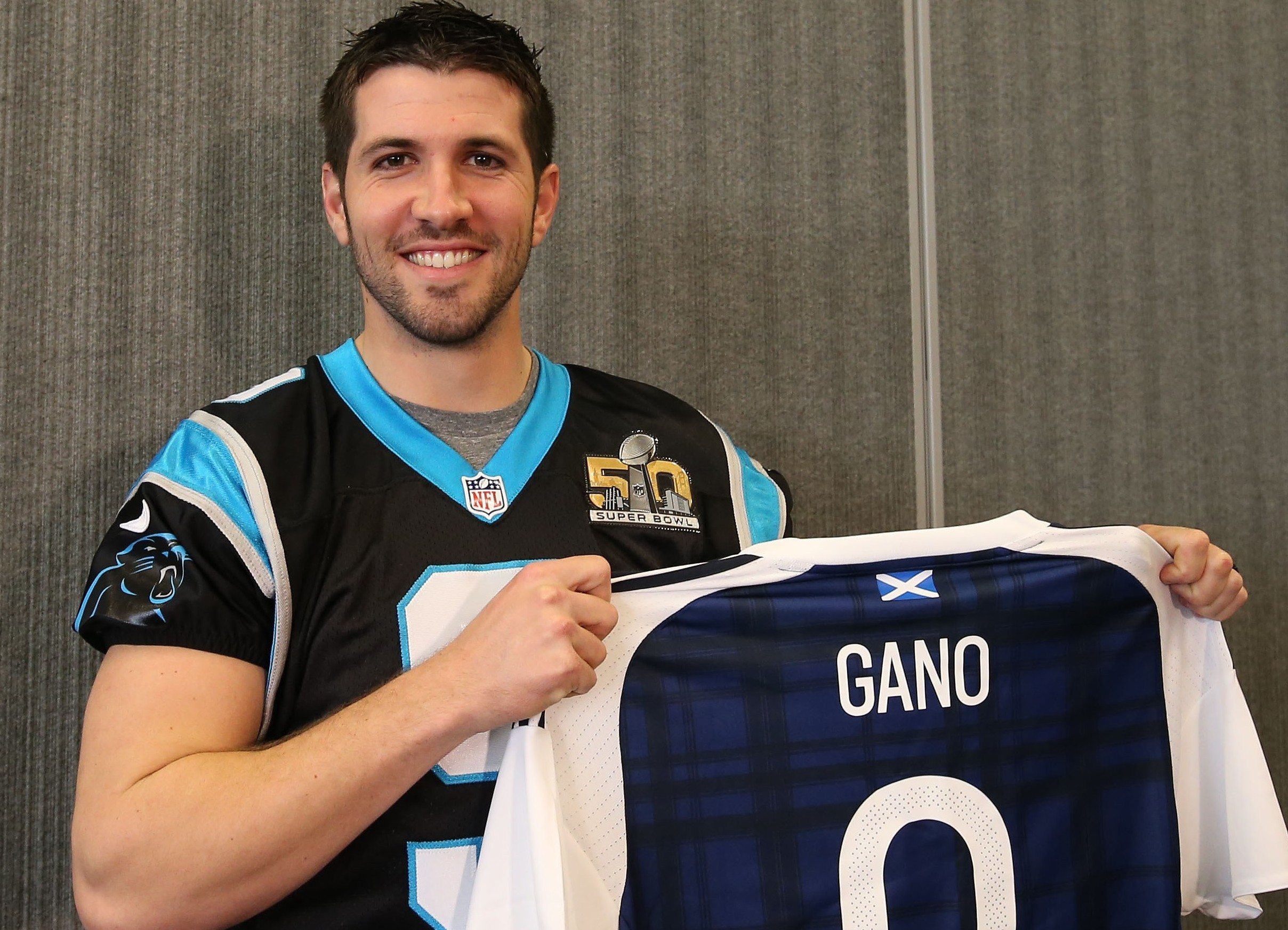 Carolina Panthers kicker Graham Gano,  poses with a personalised Scotland shirt (Sean Ryan/PA Wire)