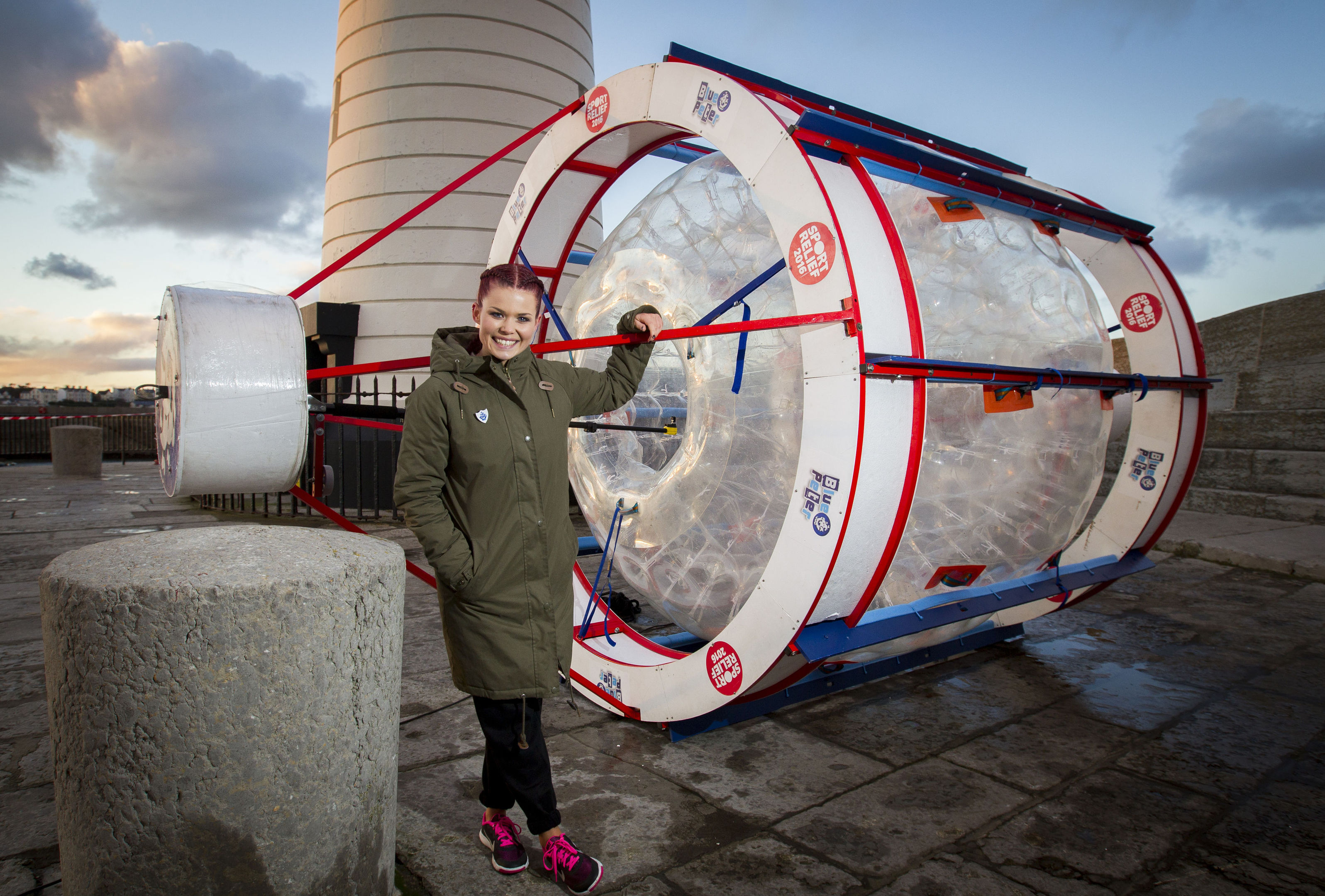 Lindsey Russell is crossing the Irish Sea for Sport Relief 2016 in this 'zorb' (Liam McBurney/ PA)