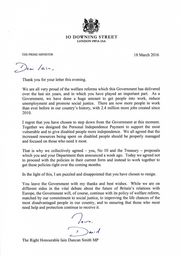 Cameron's letter to Duncan Smith