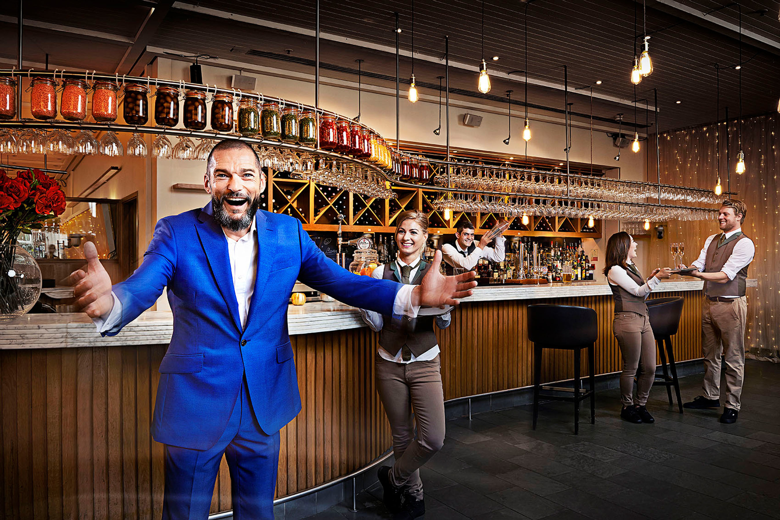 Fred and the Staff at the First Dates restaurant (Channel4)