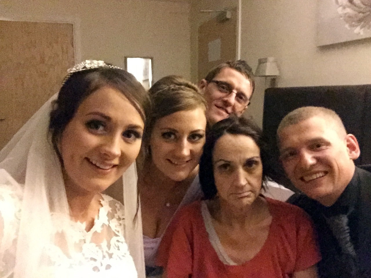 Left to right: Emma Strachan (bride) Elaine Watt (sister), Steven Watt (Elaine's husband), Sandra Strachan (Elaine's mother), Iain Buchan (Emma's husband)