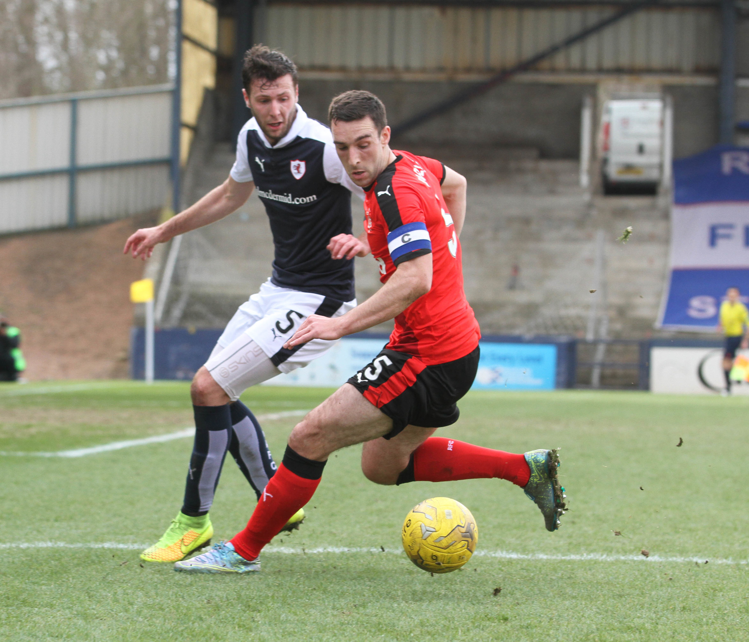 Lee Wallace and Lewis Toshney during the Ladbrokes Championship game at Starks Park (C Austin/ DcThomson)