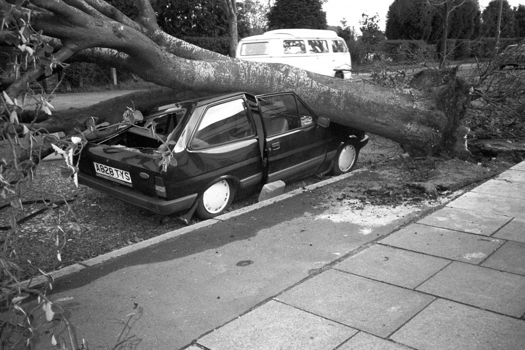 A car crushed by a falling tree after a hurricane, 1987 (PA Archive)