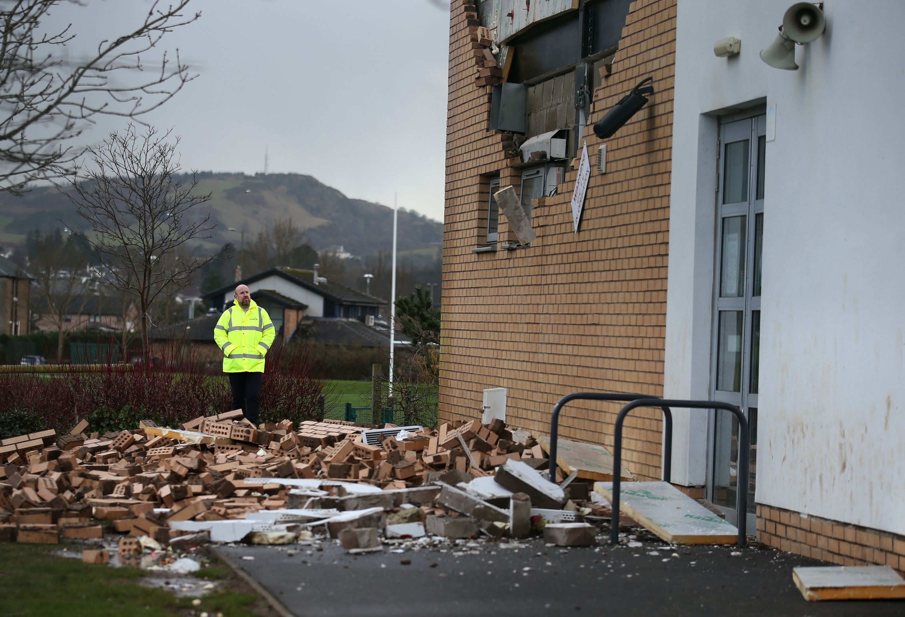 A collapsed wall at Oxgangs Primary School in Edinburgh after Storm Gertrude (Andrew Milligan / PA)