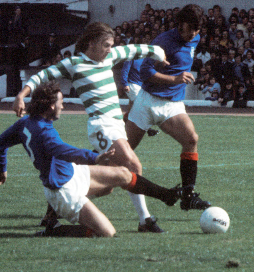 Kenny Dalglish (centre) is snared by Rangers' Derek Johnstone and Willie Mathieson, 1974 (SNS Group)