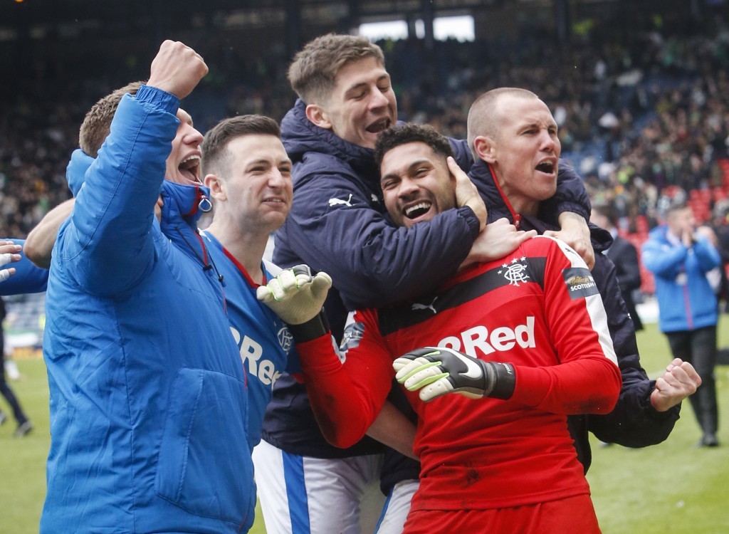 Rangers' goal keeper Wes Foderingham as he celebrates with team mates (Danny Lawson/PA Wire)