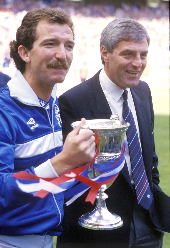 Rangers manager Graeme Souness (left) with the Premier League trophy beside his assistant Walter Smith, 1987 (SNS Group)