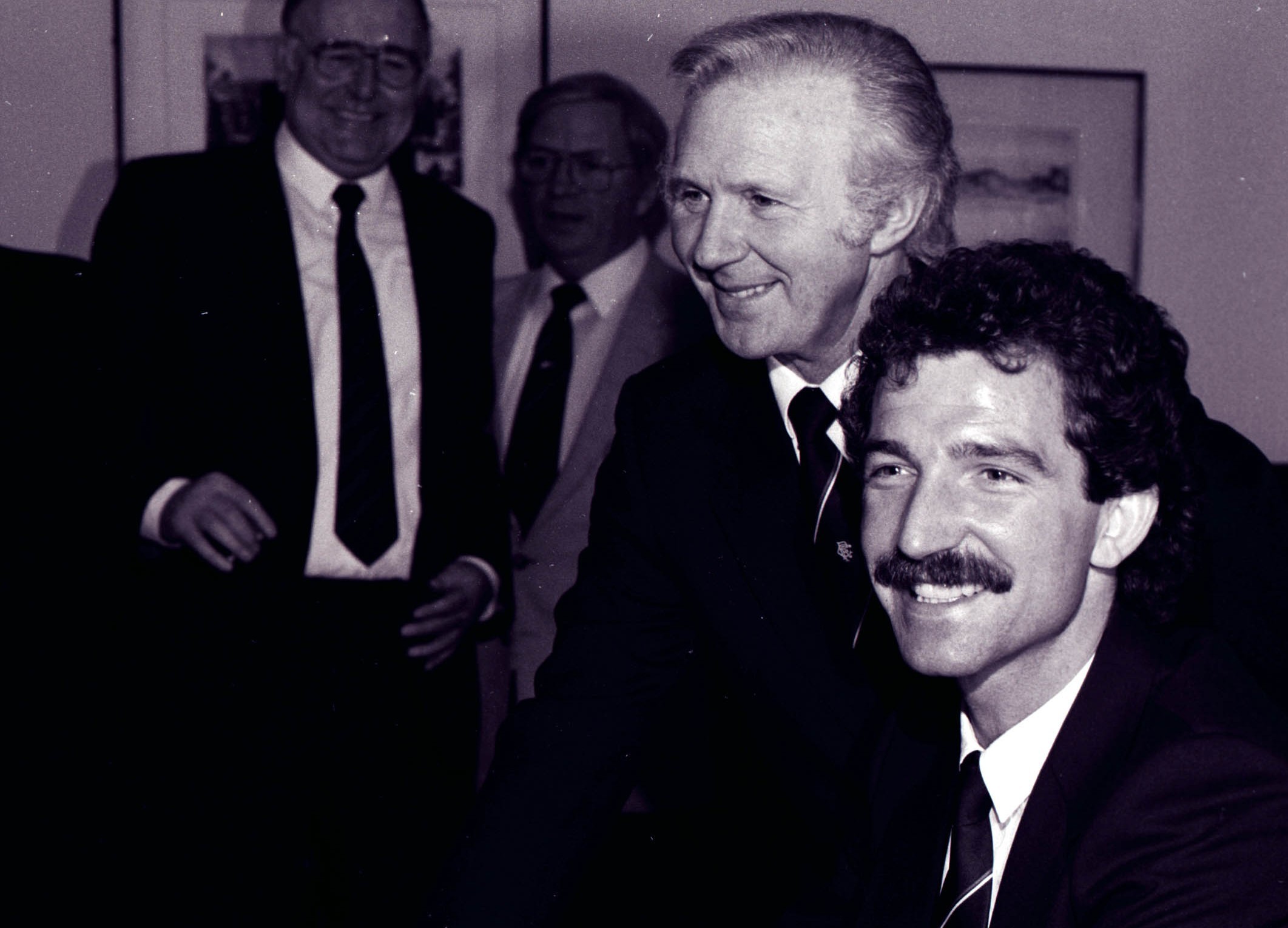 Rangers chairman David Holmes (left) unveils Graeme Souness as the new Rangers Manager, 1986