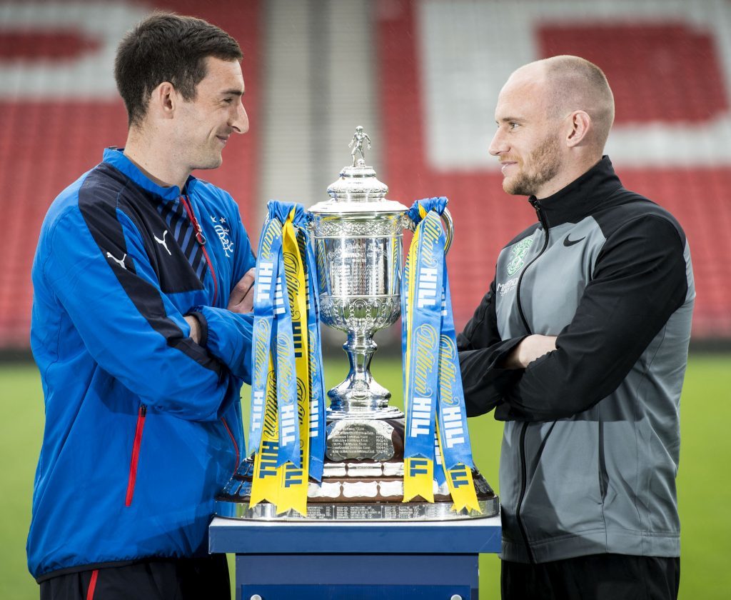 Rangers captain Lee Wallace (left) and Hibernian captain David Gray look ahead to their forthcoming clash (SNS Group / Craig Williamson)