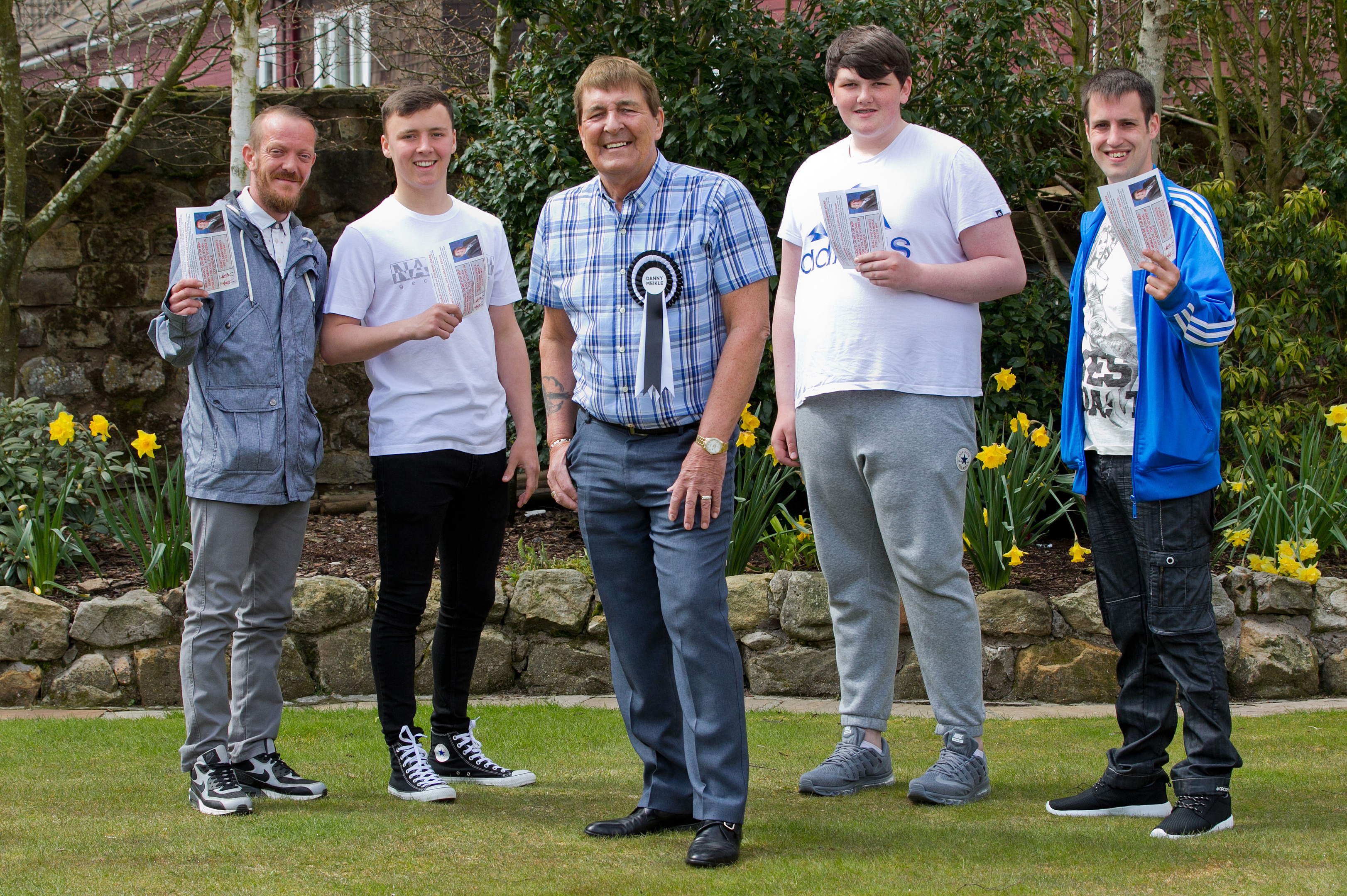 Independent candidate for local elections, Danny Meikle, with four young men who were delivering voting leaflets for him. (L-R): Billy Cowan (37), Lewis Meikle (18) grandson, Dan, Lewis Docherty (16), Donald Douglas (27). ( Independent candidate for local elections, Danny Meikle, with four young men who were delivering voting leaflets for him. (L-R): Billy Cowan (37), Lewis Meikle (18) grandson, Dan, Lewis Docherty (16), Donald Douglas (27). ( Independent candidate for local elections, Danny Meikle, with four young men who were delivering voting leaflets for him. (L-R): Billy Cowan (37), Lewis Meikle (18) grandson, Dan, Lewis Docherty (16), Donald Douglas (27). (Andrew Cawley/ DC Thomson)