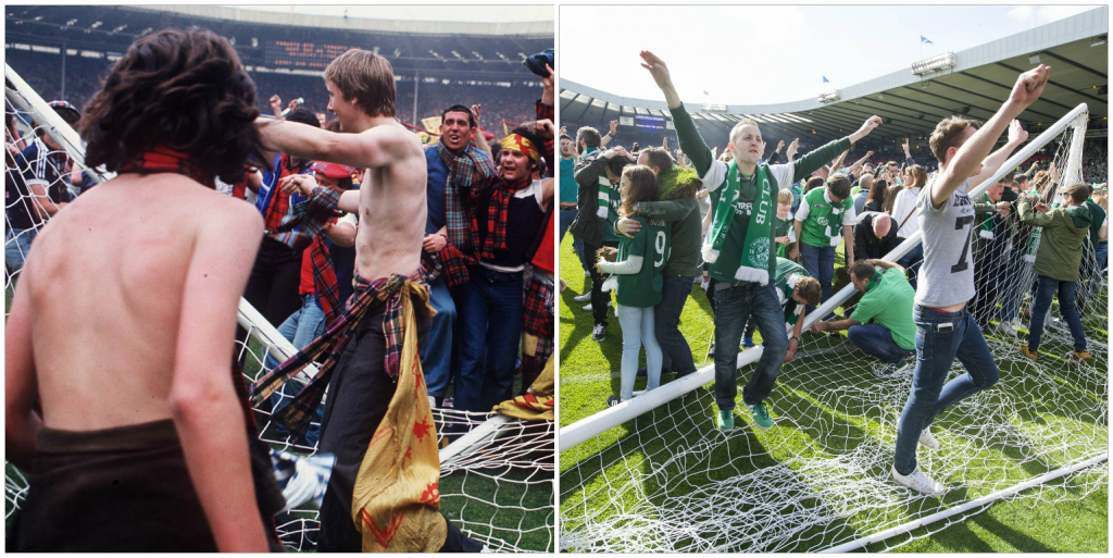 Goalposts were removed at Hampden yesterday - just like the Tartan Army's famous Wembley exploits in 1977 (Colorsport/REX/Shutterstock & Jeff Holmes / PA)