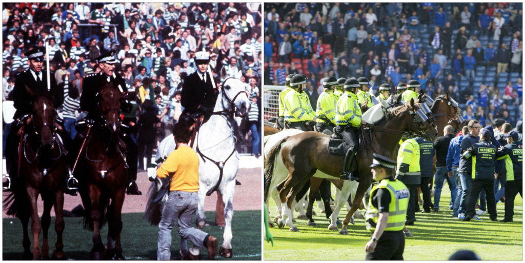 Mounted police were used on both occasions (Colorsport/REX/Shutterstock & Jeff Holmes/PA Wire)