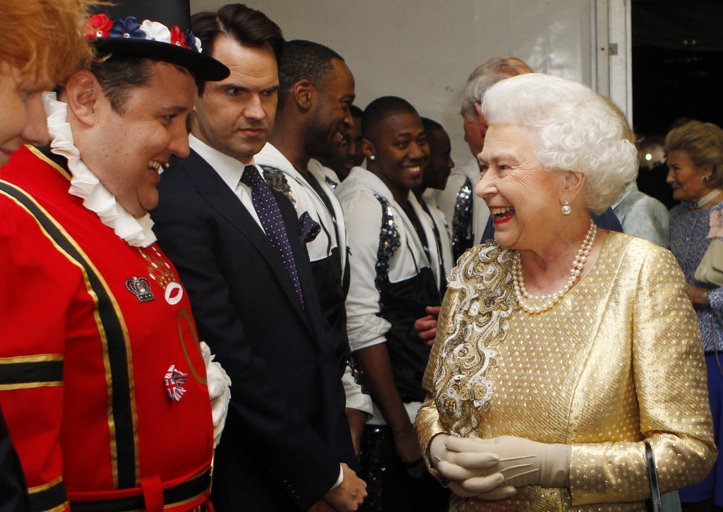 Queen Elizabeth II meets Peter Kay and Jimmy Carr backstage at The Diamond Jubilee Concert (PA Archive)